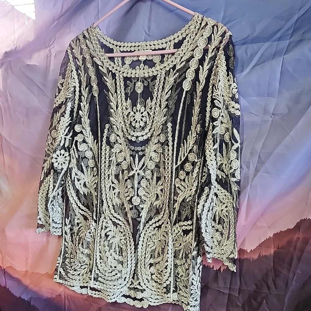 Pinky Black and Gold Embroidered Blouse